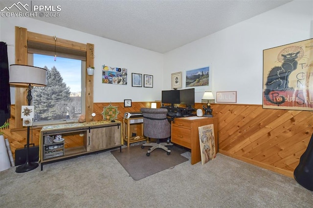 carpeted office space featuring a textured ceiling and wooden walls