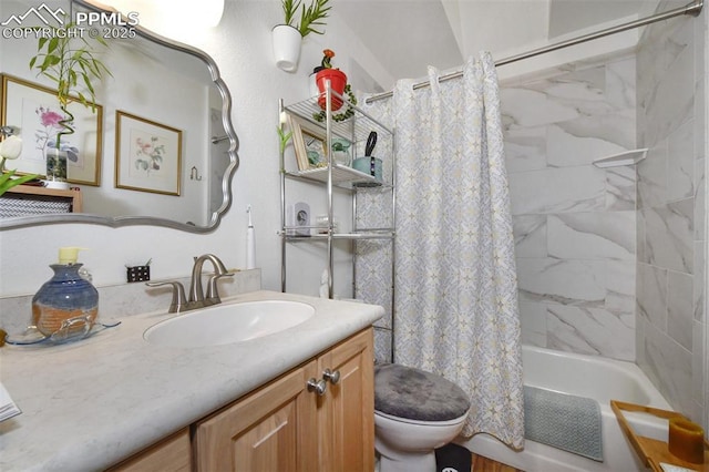 full bathroom with toilet, shower / bathtub combination with curtain, and vanity