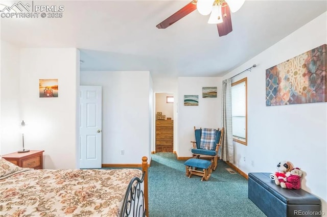 bedroom with ceiling fan and carpet floors