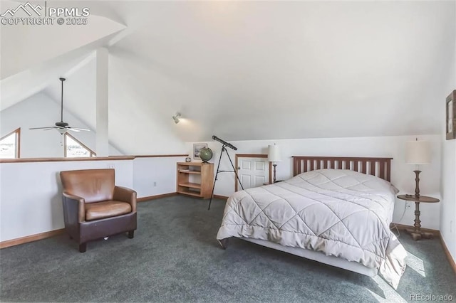 bedroom with vaulted ceiling, dark carpet, and ceiling fan