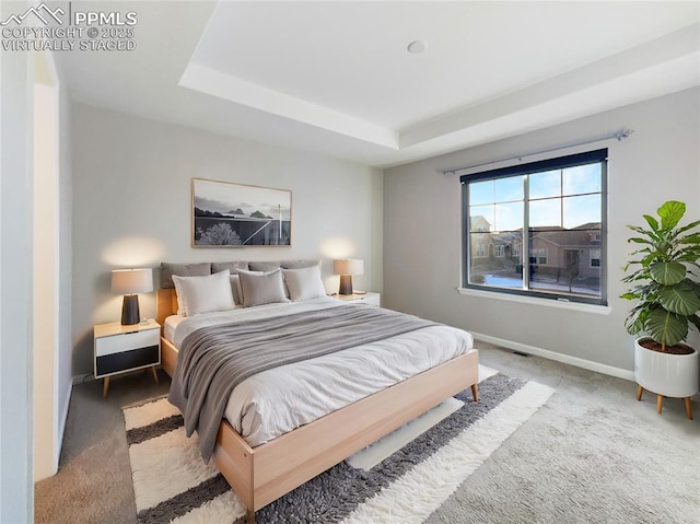 bedroom with carpet flooring and a tray ceiling