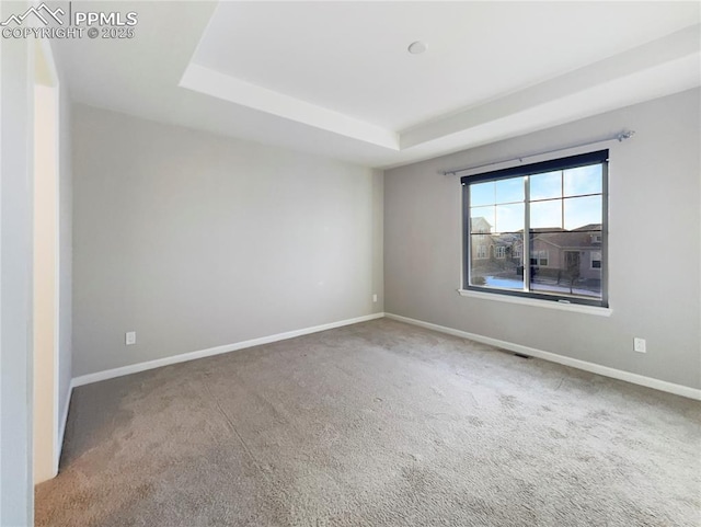 carpeted empty room with a raised ceiling