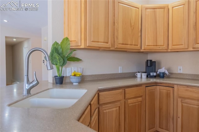 kitchen with light brown cabinetry and sink