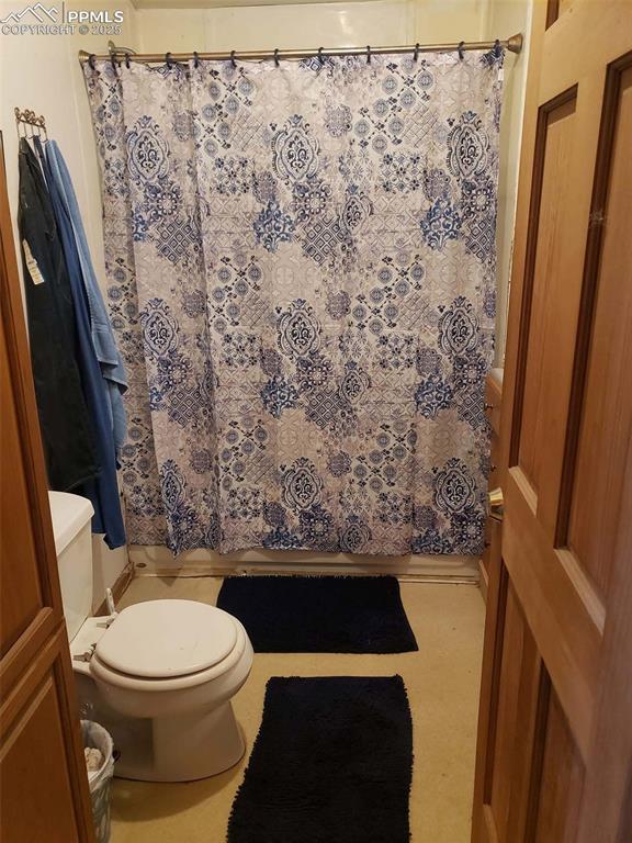 bathroom with toilet and a shower with curtain