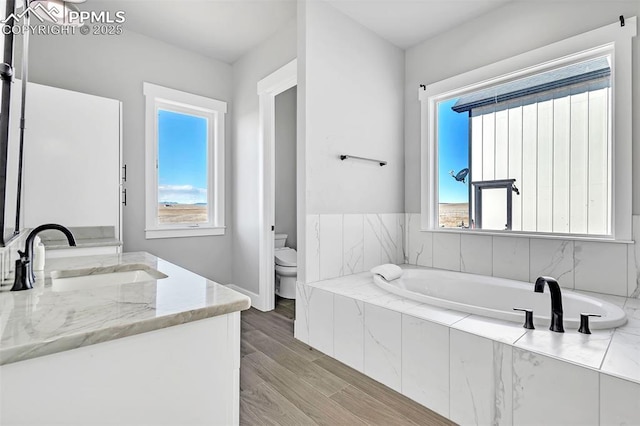 bathroom featuring toilet, tiled tub, hardwood / wood-style flooring, and vanity