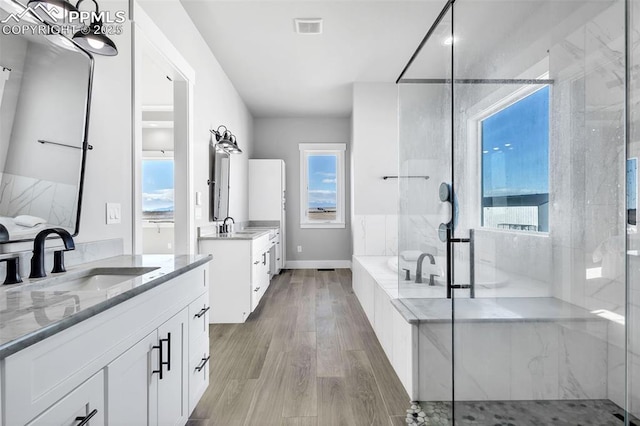 bathroom with wood-type flooring, vanity, separate shower and tub, and a healthy amount of sunlight