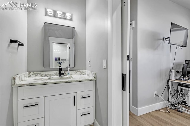 bathroom with wood-type flooring and vanity