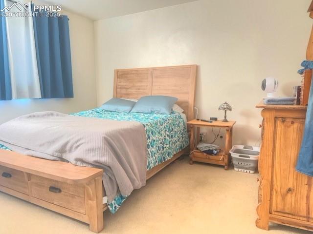 bedroom with light colored carpet