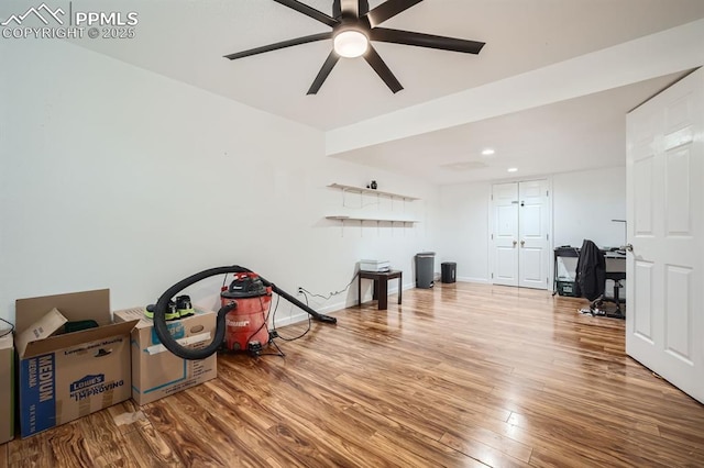 game room with a ceiling fan, baseboards, wood finished floors, and recessed lighting