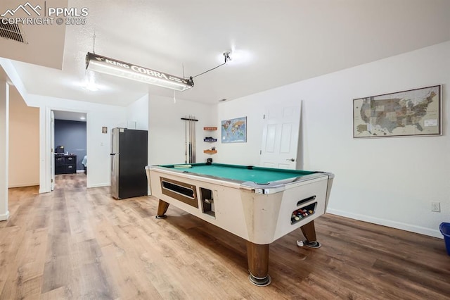 recreation room with billiards, wood finished floors, visible vents, and baseboards