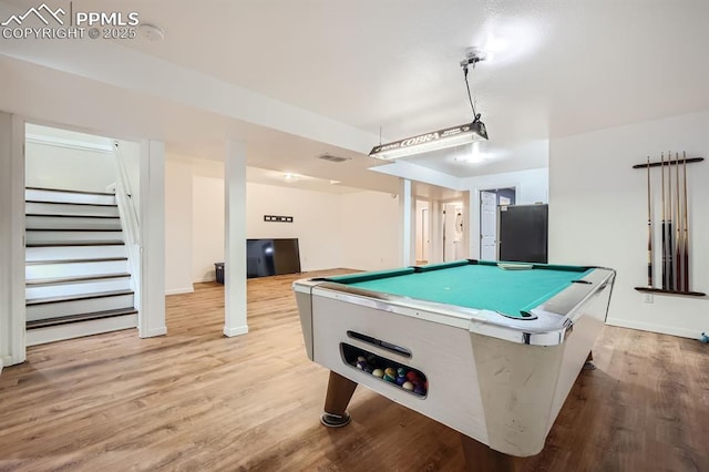 recreation room featuring light wood-type flooring, billiards, and visible vents