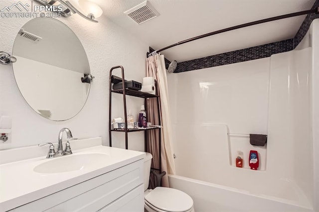 bathroom featuring toilet, shower / bathtub combination with curtain, visible vents, and vanity