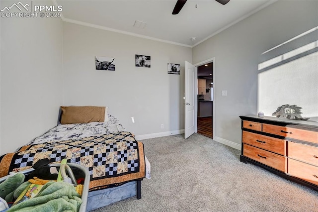 bedroom with ceiling fan, light colored carpet, and crown molding