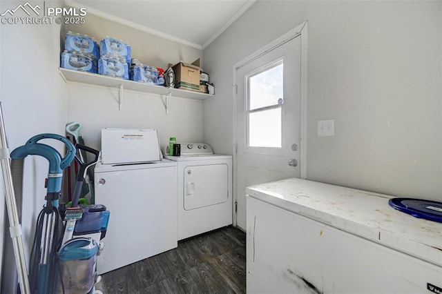 clothes washing area featuring washer and dryer, ornamental molding, and dark hardwood / wood-style floors