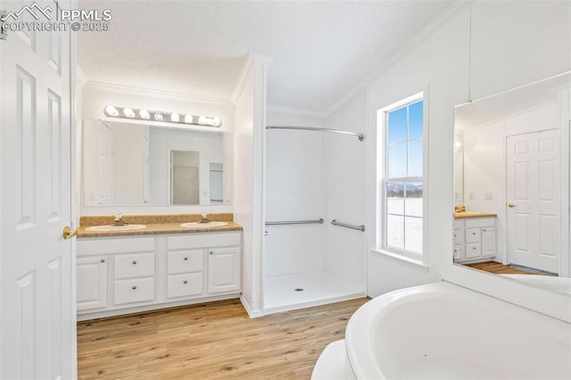 bathroom with vanity, hardwood / wood-style floors, ornamental molding, and independent shower and bath