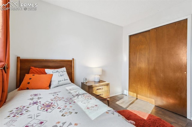 bedroom featuring wood-type flooring and a closet