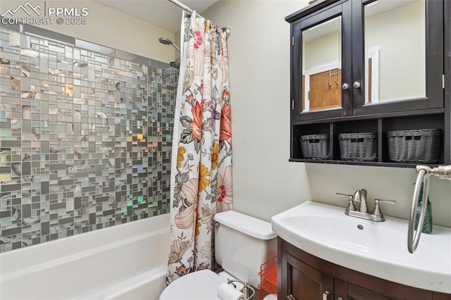 full bathroom with toilet, shower / bathtub combination with curtain, and vanity