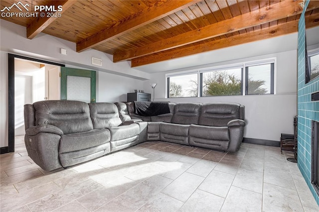 living room featuring a fireplace, beam ceiling, and wood ceiling