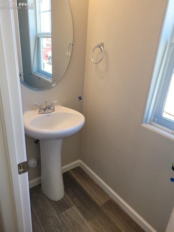 bathroom with hardwood / wood-style floors