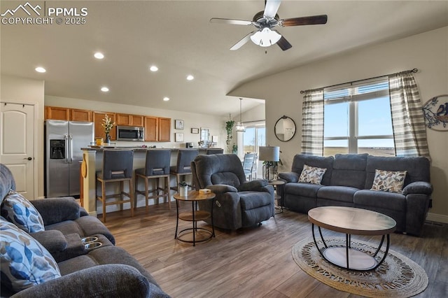 living room with dark wood-type flooring, lofted ceiling, and ceiling fan