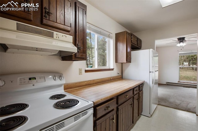 kitchen with baseboard heating, white appliances, dark brown cabinetry, ceiling fan, and butcher block countertops