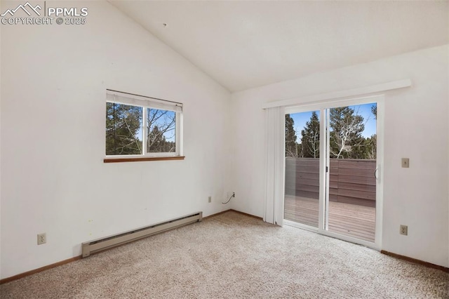 unfurnished room featuring carpet floors, a baseboard radiator, and vaulted ceiling