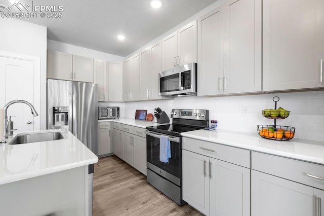 kitchen featuring decorative backsplash, sink, appliances with stainless steel finishes, and light wood-type flooring