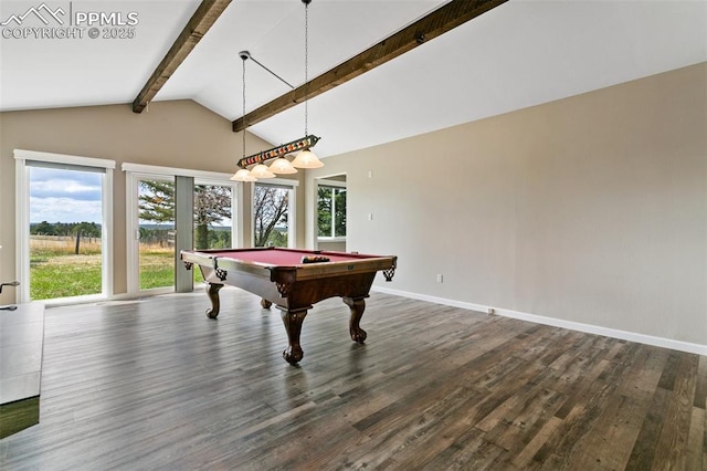 rec room featuring billiards, dark hardwood / wood-style flooring, and lofted ceiling with beams