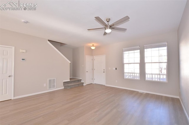 unfurnished living room with ceiling fan and light hardwood / wood-style floors