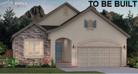 view of front of property featuring an attached garage, stone siding, concrete driveway, and stucco siding