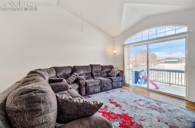 living room featuring vaulted ceiling and hardwood / wood-style floors