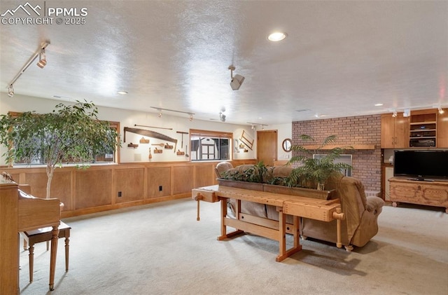 carpeted dining area with rail lighting and a textured ceiling