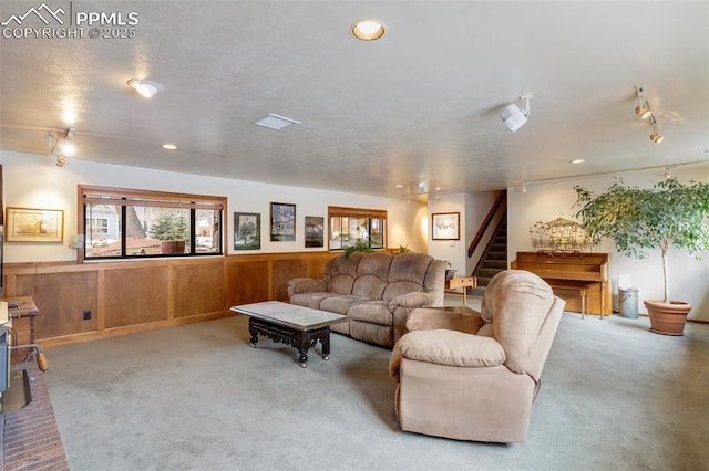 living room with light colored carpet