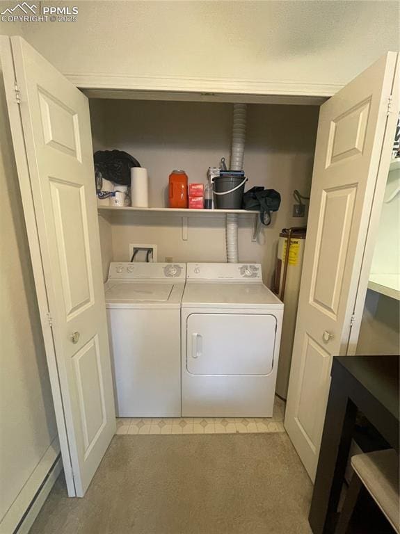 laundry room featuring electric water heater and washer and clothes dryer