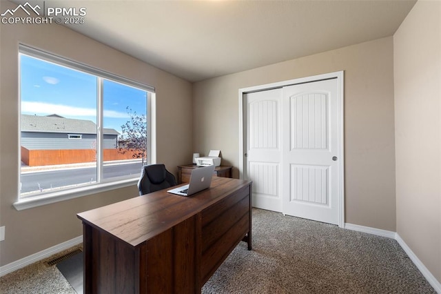 home office featuring carpet flooring and a healthy amount of sunlight