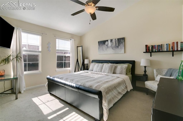 bedroom with light carpet, lofted ceiling, and ceiling fan