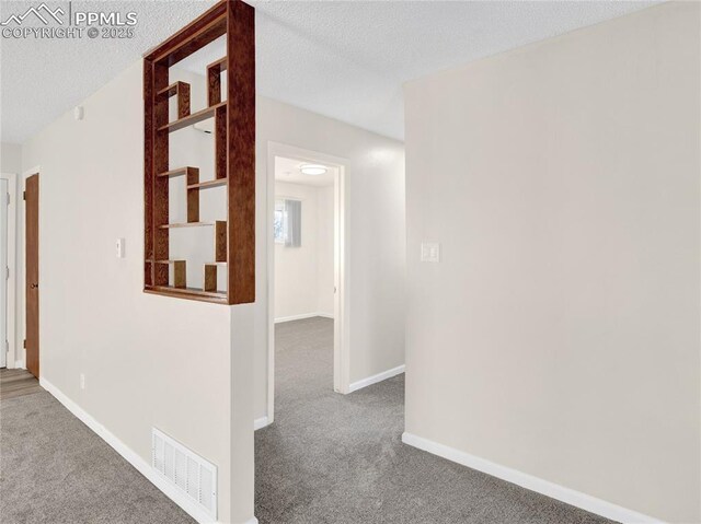 corridor with carpet and a textured ceiling