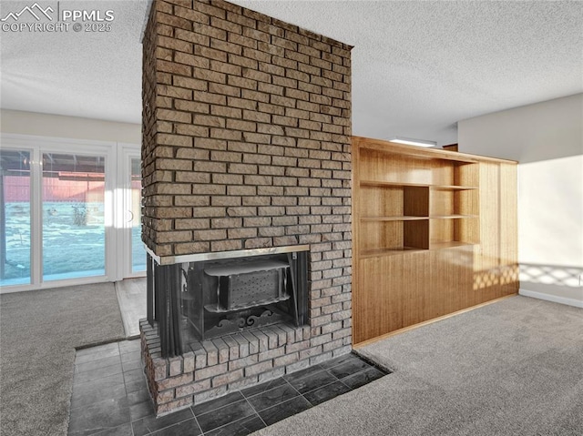 carpeted living room with a textured ceiling, wooden walls, and a fireplace