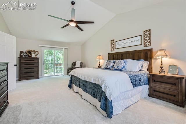 bedroom with light carpet, ceiling fan, access to exterior, and vaulted ceiling