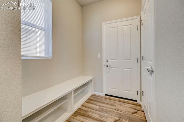 mudroom with light hardwood / wood-style floors