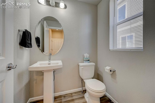 bathroom with hardwood / wood-style floors, sink, and toilet