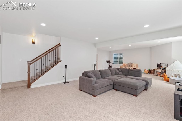 living room featuring light colored carpet