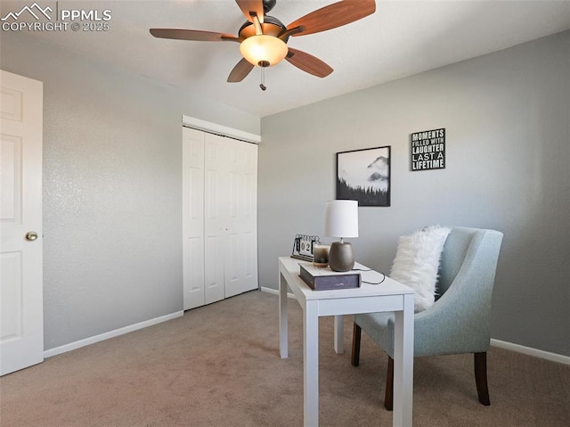 office area featuring ceiling fan and carpet flooring