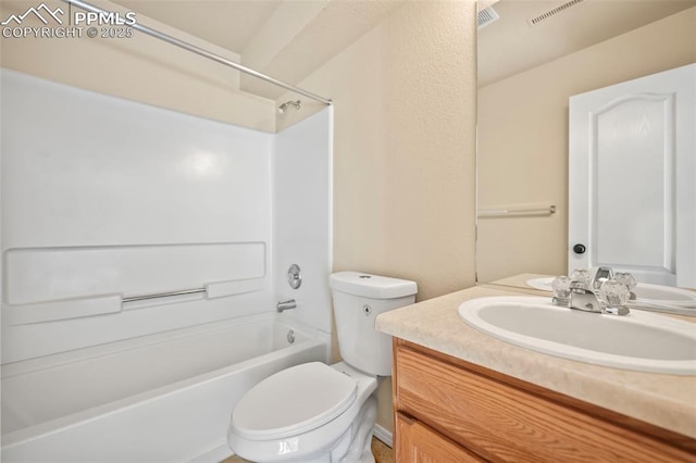 full bathroom with toilet, vanity, and bathtub / shower combination