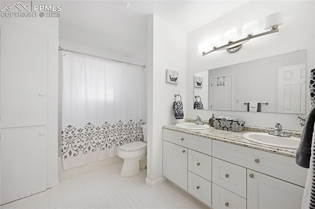 full bathroom featuring toilet, shower / bathtub combination with curtain, tile patterned floors, and vanity