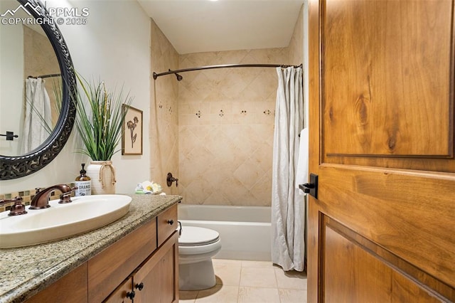 full bathroom with vanity, toilet, tile patterned flooring, and shower / bath combo with shower curtain