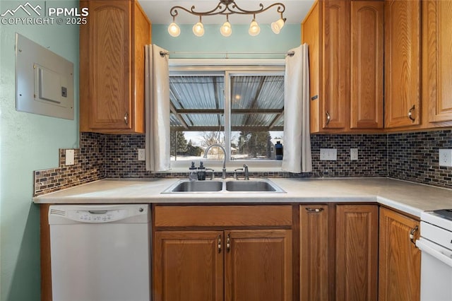 kitchen featuring sink, white appliances, backsplash, and electric panel