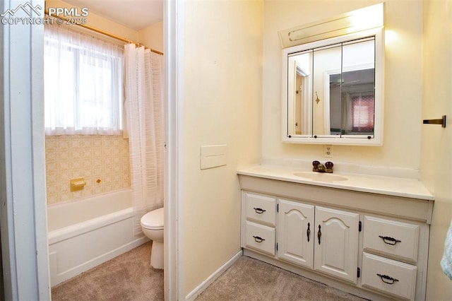 full bathroom with vanity, shower / bathtub combination with curtain, and toilet