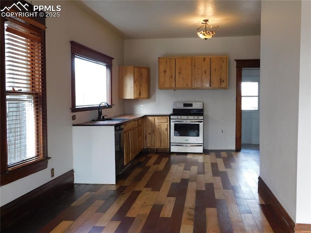 kitchen with hanging light fixtures, sink, a wealth of natural light, black dishwasher, and gas stove