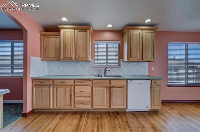 kitchen with sink, decorative backsplash, white dishwasher, and light wood-type flooring